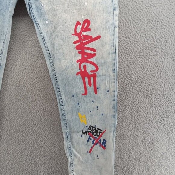 Argonaut Nation Jeans Mens 42x32 Blue Light Wash‎ Painted Graffiti Baggy Y2K - Picture 3 of 14